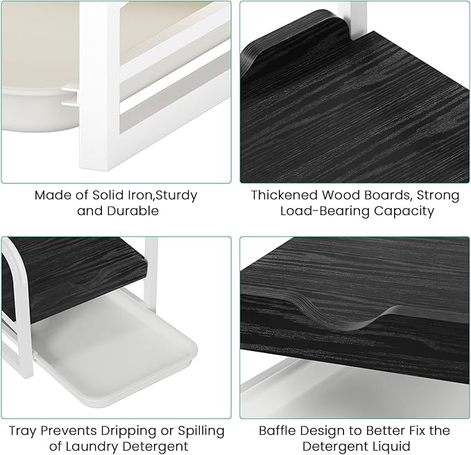 Laundry Detergent Holder Liquid Laundry Detergent Riser and Stand, Liquid Detergent Holder with Drip Tray for Laundry Room Organization (Tilted-Black Wood)
