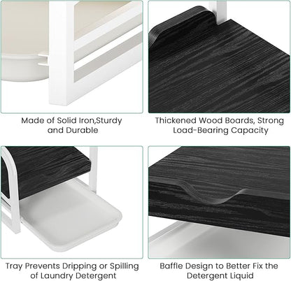 Laundry Detergent Holder Liquid Laundry Detergent Riser and Stand, Liquid Detergent Holder with Drip Tray for Laundry Room Organization (Tilted-Black Wood)