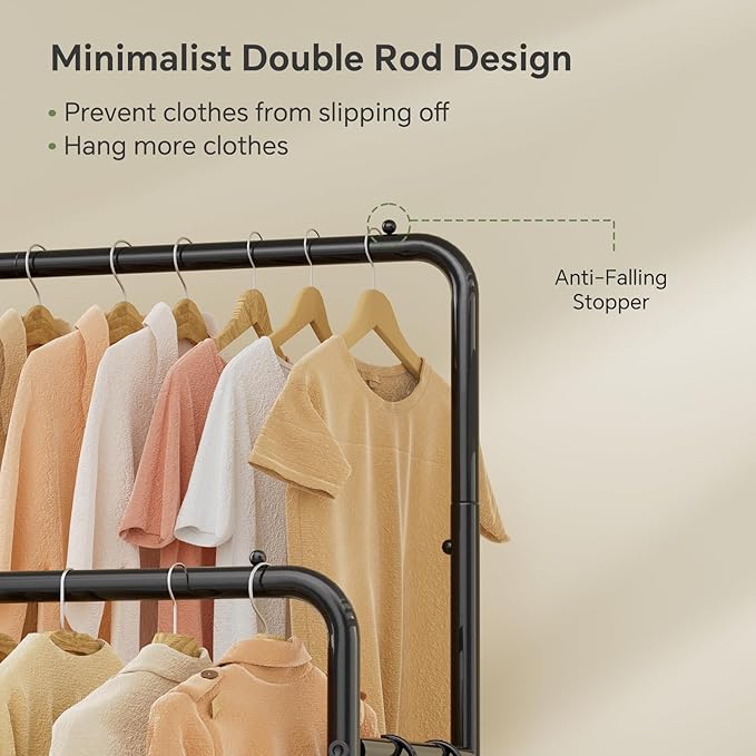 Simple Trending Heavy Duty Clothes Rack, Rolling Clothing Rack for Hanging with 2 Fabric Shelves, Portable Garment Rack Load 400 LBS, Black