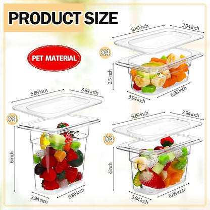 Tioncy 12 Pcs 1/9 Size Clear Food Pans with Lids Stackable Plastic Salad Bar Containers Commercial Food Storage Transparent Hotel Pans for Vegetables Fruits Beans Corns 2.5'' 4'' 6'' Deep