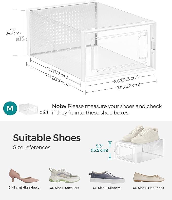 SONGMICS Shoe Boxes, Pack of 24 Shoe Storage Organizers, Stackable Clear Plastic Boxes for Closet, Sneakers, 13.1 x 9.1 x 5.6 Inches, Transparent and White ULSP906W12