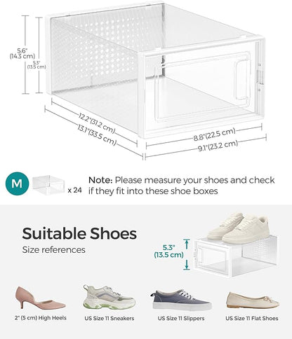 SONGMICS Shoe Boxes, Pack of 24 Shoe Storage Organizers, Stackable Clear Plastic Boxes for Closet, Sneakers, 13.1 x 9.1 x 5.6 Inches, Transparent and White ULSP906W12