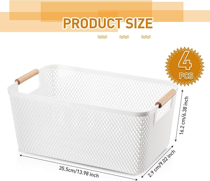 Tioncy 4 Pcs White Mesh Baskets with Wooden Handles Plastic Storage Organizer Baskets Pantry Basket Fruit Vegetables Gathering Basket Bin for Organizing Cabinet Closet Bedroom Kitchen(Large)