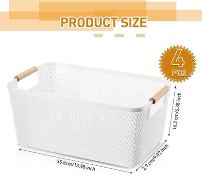 Tioncy 4 Pcs White Mesh Baskets with Wooden Handles Plastic Storage Organizer Baskets Pantry Basket Fruit Vegetables Gathering Basket Bin for Organizing Cabinet Closet Bedroom Kitchen(Large)