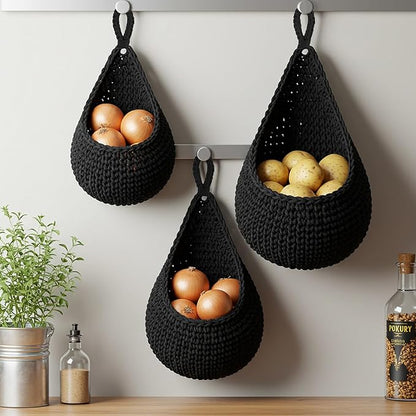 Honeydak Boho Decor Hanging Wall Baskets for Kitchen 3 Pack Teardrop Baskets with Hooks Storage Fruit Onion Vegetable Potato for Home 3 Sizes(Black,Cotton Rope)