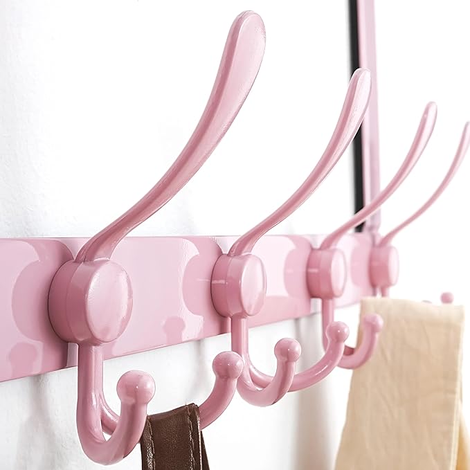 Dseap Over The Door Hook Hanger - Fits 1 3/8" to 1 3/4" Standard Doors | 5 Tri Hooks Heavy Duty Towel/Coat Rack | Door Organizer for Clothes, Jackets, Hats, Towels, Pink