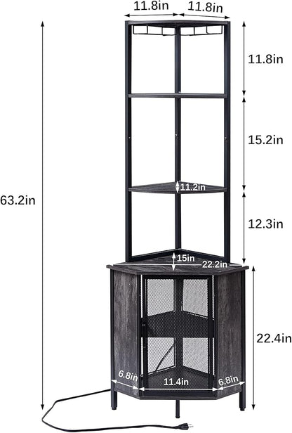 VECELO 6 Tier Corner Shelf with LED Light and Charging Station, 63” Tall Standing Cabinet Organizer, Narrow Bookshelf with Storage Rack for Living Room, Bedroom, Kitchen, Balcony, Small Space