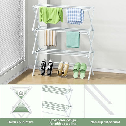 Foldable Drying Rack Clothing, 3-Tier Clothes Drying Rack Use for Indoor & Outdoor Antirust Laundry Drying Rack Collapsible 28" L x 35" H x 10" W