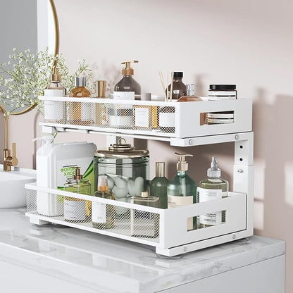 2 Packs 19IN Depth Under Sink Organizer, 2-Tier Pull Out Cabinet Organizer With Smooth Circular Rail, Large Capacity Metal Mesh Sliding Drawers For Bathroom& Kitchen Storage,Height Adjustable –White