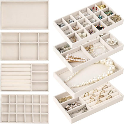 8 Pcs Jewelry Drawer Organizers, Velvet Jewelry Trays for Drawer, Stackable Jewelry Trays Ideal for Rings, Earrings, Bracelets, Necklaces, Grey (Beige)