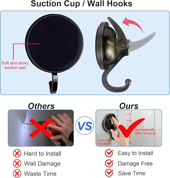 YSSILADI Heavy Duty Vacuum Suction Shower Hooks - Glass Suction Cup Bathroom Robe Hooks, Reusable, No Hole Punched - Bronze, 4 Pack