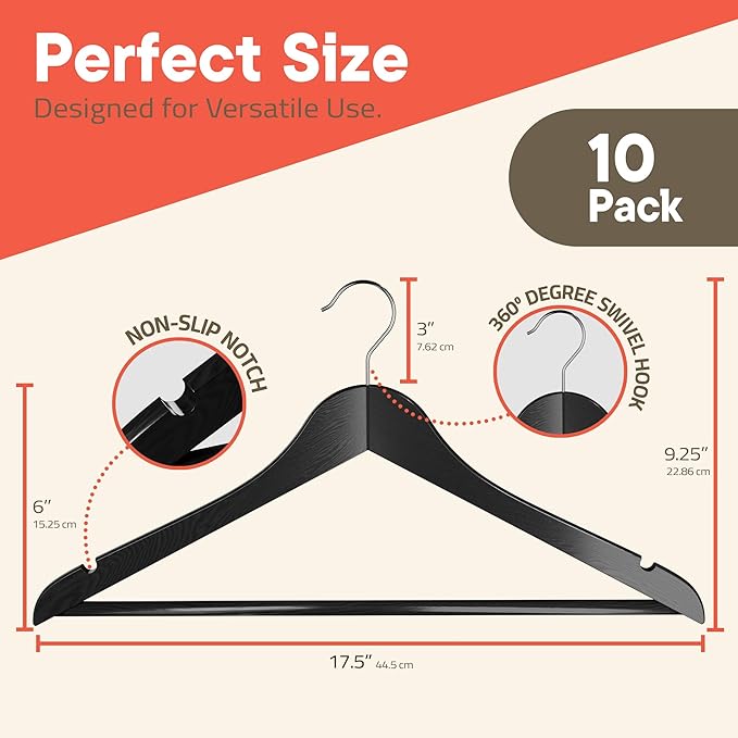 Black Wooden Hangers 10 Pack – Heavy-Duty with 360° Swivel Hook, Non-Slip, Pants Bar & Shoulder Grooves - Wooden Hangers for Suits, Jackets, Dresses & Camisoles, Space-Saving and Smooth Finish