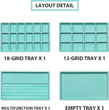 Frebeauty Jewelry Organizer Tray,Stackable Velvet Jewelry Trays,Drawer Inserts Earring Organizer For Women Jewelry Storage Display Case for Rings Stud Necklaces,Set of 4(Turquoise)