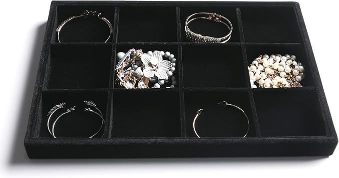 Frebeauty Stackable Velvet Jewelry Organizer Trays for Drawers Inserts Jewelry Storage Tray Display Case, Stud Earrings Bracelets Necklace Rings Accessories Trays for Women (Set of 2 Black)