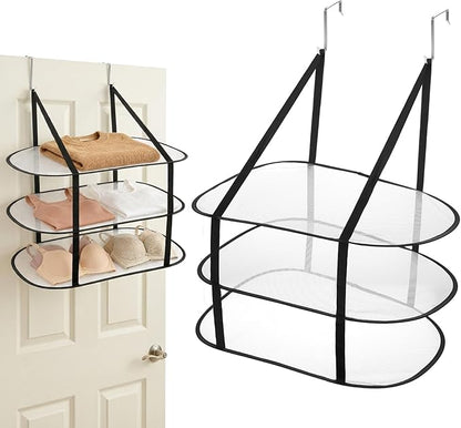 2 Pcs Flat Over The Door Folding Drying Rack, 3 Tier Black Large Laundry Hanging Dryer Sweater Drying Rack Mesh Clothes Hanging Fold Flat Dry Hanger for Small Spaces, Apartments, Dorms, Bathrooms