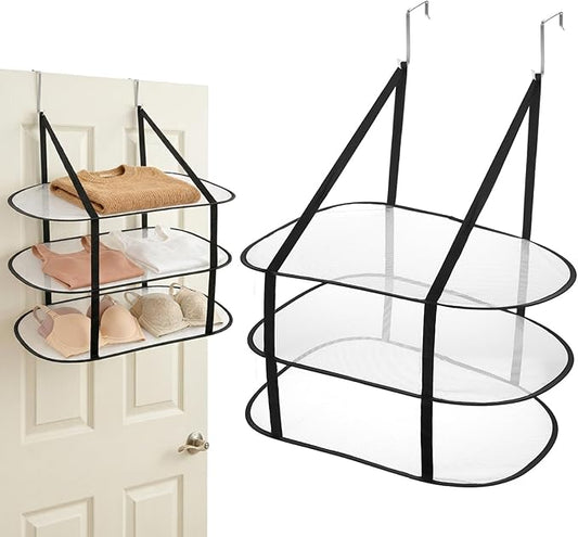 2 Pcs Flat Over The Door Folding Drying Rack, 3 Tier Black Large Laundry Hanging Dryer Sweater Drying Rack Mesh Clothes Hanging Fold Flat Dry Hanger for Small Spaces, Apartments, Dorms, Bathrooms