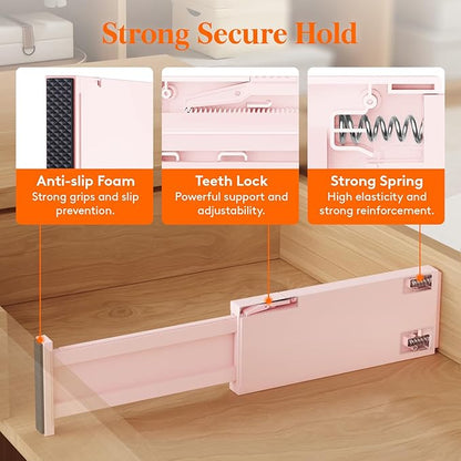 Lifewit 16 Pack Drawer Dividers 4" High, 11-17" Adjustable Drawer Organizers for Clothes, Expandable Dresser Separators in Bedroom/Bathroom/Kitchen/Fridge/Office Organization and Storage, Pink