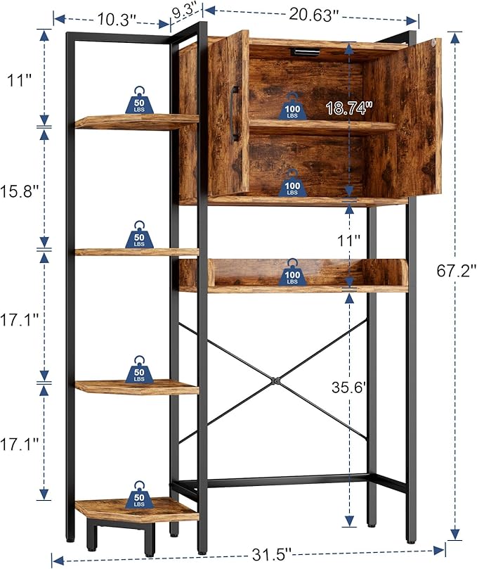 Roxibelt K2 Heavy Duty 7-Tier Over The Toilet Storage Cabinet（With Magnetic Doors & Adjustable Feet）Freestanding Above Toilet Shelf，Space Saver Bathroom Organizer 9.3"D x 31.5"W x 67.2"H，Rustic Brown