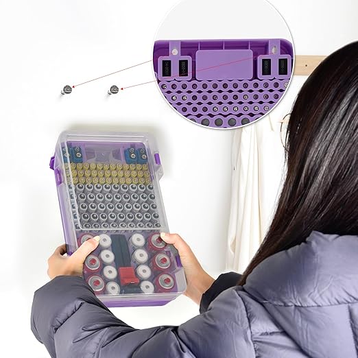 Battery Organizer Storage Case with Tester Checker. Batteries Holder Box Container for 120+ AA AAA 9V C D Lithium CR2025 CR1632 CR2032 Coin Cell Battery with Wall-Mounted Design -Purple