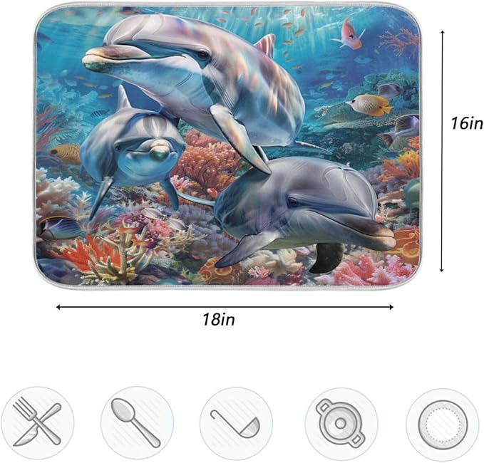 ZzWwR Funny Ocean Cute Dolphin Family Absorbent Dish Drying Mat Microfiber Kitchen Countertop Table Protector Multi-Purpose Counter Rack Sink Drainer Pad (16" x 18")