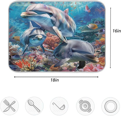 ZzWwR Funny Ocean Cute Dolphin Family Absorbent Dish Drying Mat Microfiber Kitchen Countertop Table Protector Multi-Purpose Counter Rack Sink Drainer Pad (16" x 18")