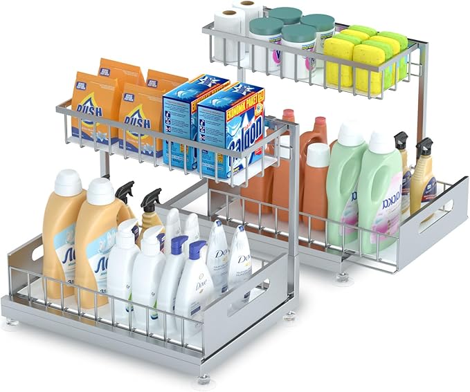 Under Sink Organizer Storage 2-Tier Premium Metal Pull-Out Racks, Height Adjustable, Heavy Dut and Easy Installation for Kitchen & Bathroom Organizers 2 Pack