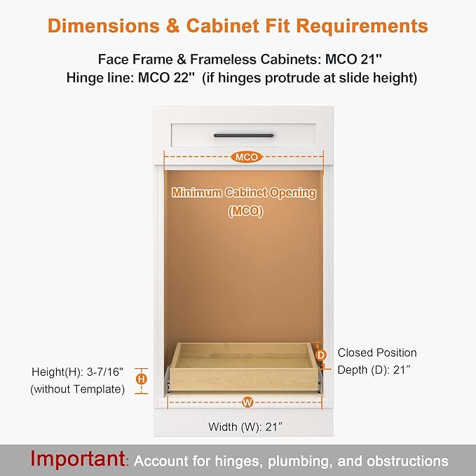 ALINE FURNITURE Pull Out Drawers for Cabinets Birch Wood, 21" W X 21" D Soft Close Slide Out Drawer for Kitchen Cabinets, Pull-out Shelves, Sliding Shelf for Pantry Cabinet Organizer