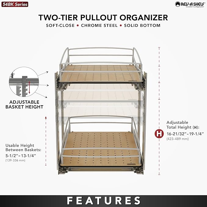 Rev-A-Shelf 2 Tier Pull Out Kitchen Cabinet Storage Organizer with Solid Bottom & Undermount Soft-Close Full Extension Slides, 54BK-15SC-2-1