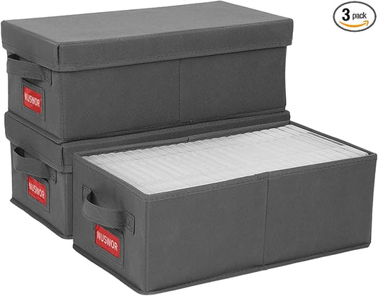 DVD Storage Box - Stackable DVD Case Holder Organizer, DVD Storage Solutions Pack of 3- Holds up to 75 DVDs - 15.75 x 8.1 x 6.1 inches - Grey