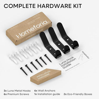 Homeforia Wall Coat Hook Rack - Set of 3 - Black Metal Hooks for Hanging Coats - Hat Hooks - Hat Hangers for Wall