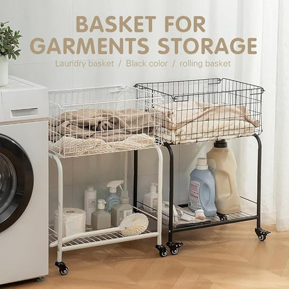 31" tall hennze one layer rolling wire laundry basket,easy moved wire laundry cart for clothes,pants laundry. children toys organization cart,metal cart with metal frame,enlarge the storage (white)