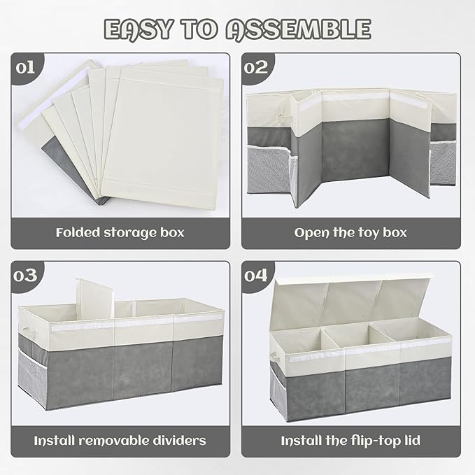 Extra Large Toy Box with Lids, Collapsible Toy Storage Organizer with Divider for Kids, Sturdy Toy Chest for Bedroom, Nursery, Living Room, Playroom, 40"x14"x16", Gray & White