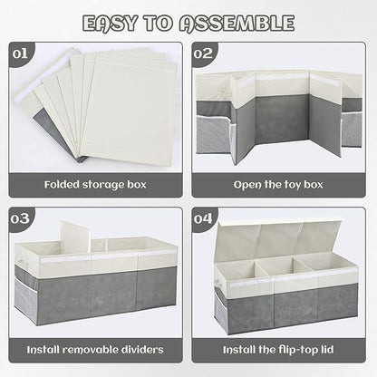 Extra Large Toy Box with Lids, Collapsible Toy Storage Organizer with Divider for Kids, Sturdy Toy Chest for Bedroom, Nursery, Living Room, Playroom, 40"x14"x16", Gray & White