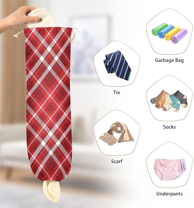 2 PCS Wall Mount Grocery Bag Holder - Red Plastic Plaid Dispenser for Kitchen, Closet - 22 x 9 Inch