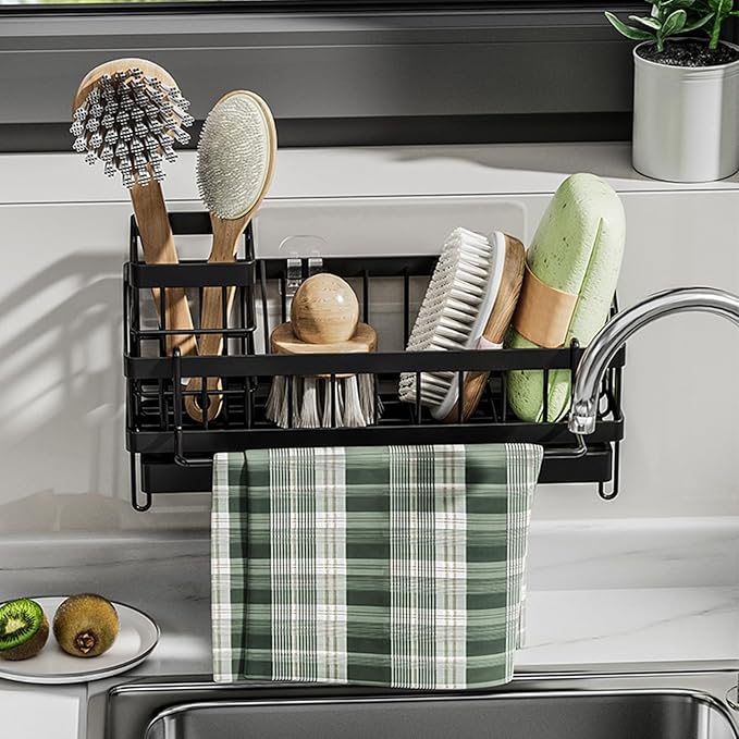 SOVGIZF Sink Caddy kitchen Organzier with High Brush Holder, Wall-Mounted Sponge Holder for Sink, Countertop Organizer Soap Dispenser Storage, Rustproof 304 Stainless Steel Kitchen Essentials