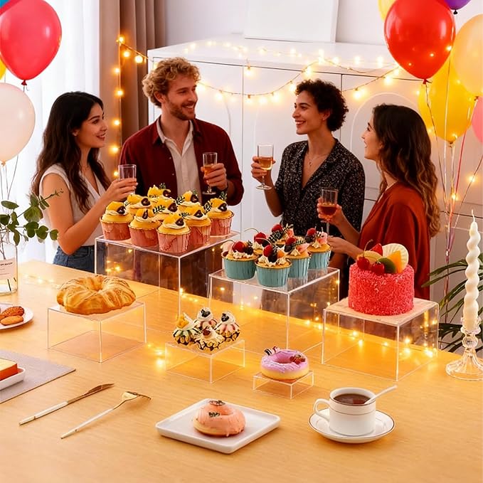 6 Pcs Buffet Risers and Stands, Food Risers Display Stands for Buffet Table, Acrylic Risers Display Stands for Catering Dessert, Party, Collectibles, Clear Cube Boxes Display with Hollow Bottoms (8" 7" 6" 5" 4" 3") (Clear)