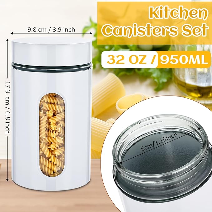 Mimorou 6 Pack Kitchen Canisters Set Airtight Coffee Sugar Tea Storage Jars with Window Glass Stainless Steel Containers with Lids for Flour Cookies Spices Grains Kitchen Decorations(White,32 oz)