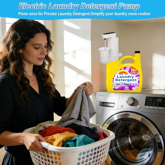 Electric Laundry Detergent Dispenser with Graduated Cup, Smart Laundry Detergent Pump, 2000mAh Rechargeable Fabric Softener Dispenser with Lock Function, for Laundry Room Organization (White)