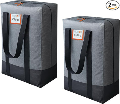 2 Pack Moving Bags, Heavy Duty Storage Bags with Zipper, Extra Large Packing Bags with Internal Compression Straps, Wrap Around Handles, Alternative to Moving Boxes, Grey and Black