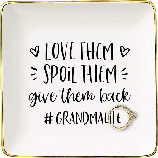 Mother's Day Gift for Grandma-Grandmother Ring Dish Gifts-Love Them Spoil Them Give Them Back Grandmalife-Birthday or Christmas Presents for Nana Gigi-Ceramic Jewelry Tray,Trinket Holder