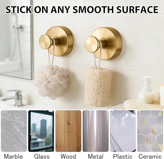 HESUSLA Suction Cup Hooks for Wreaths on Glass,2025 New Model No-Drill Suction Cup Hooks,Wreath Hangers for Front Doors,Metal Towel Hooks for Showers Bathrooms Mirrors(2 Pack,Gold)