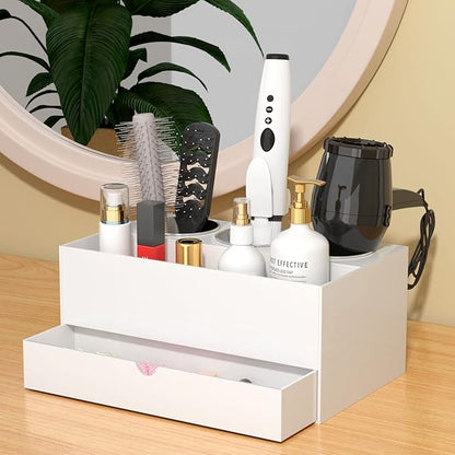 NIUBEE Hair Tool Organizer, White Acrylic Hair Dryer and Styling Organizer with Drawer, Bathroom Countertop Blow Dryer Holder, Vanity Caddy Storage Stand for Accessories, Makeup, Toiletries