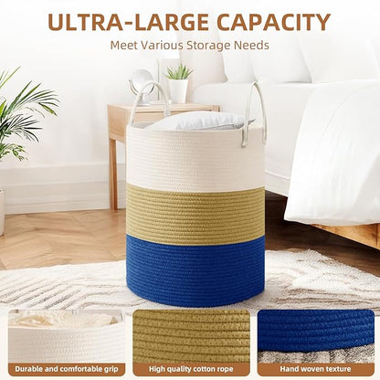 Cotton Rope Basket，Large Blanket Basket for Living Room,Woven cotton rope laundry baskets，For Bathroom Dirty Clothes ，Nursery Toys，pillow storage organization, 80L,white and dark blue.