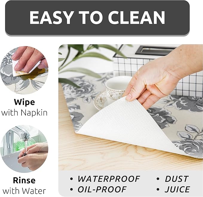 12X120 Inch Shelf Liner for Kitchen Cabinets, PVC Drawer Liner for Dresser Non-Slip Bathroom, Non-Adhesive Cabinet Liner Washable (Black Flower)(4 Roll)