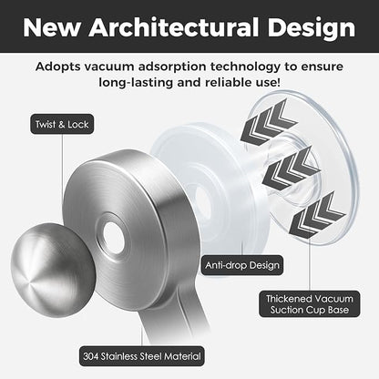 WingWider Shower Hooks for Inside Shower,No-Drill Removable&Reusable Towel Hooks for Bathroom,Heavy Duty Suction Cup Hooks for Glass Window,2 Pack(Silver)