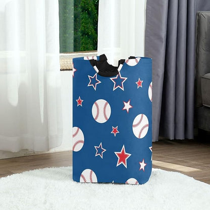 Laundry Hamper Basket Blue Baseball Stars Storage Basket Collapsible Clothes Hamper with Handle Decorative Organizer Bins Basket for Dirty Clothes Living Room Bathroom