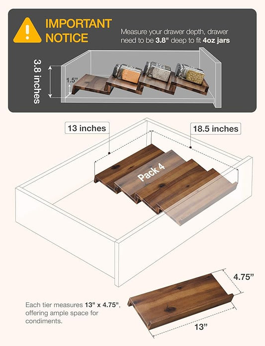 Tinamo Acacia Wooden Spice Rack Organizer for Cabinet - Spice Drawer Insert, Spice Organization for Cabinet, Seasoning Organizer, Spice Holder Pack of 8 (Walnut, Pack 4)