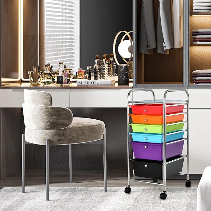 Happygrill 6-Drawer Organizer Cart Tools, Mobile Utility Storage Cart with Removable Drawers & Lockable Wheels, Rolling Storage Cart with Wheels for Home Office,Multicolor