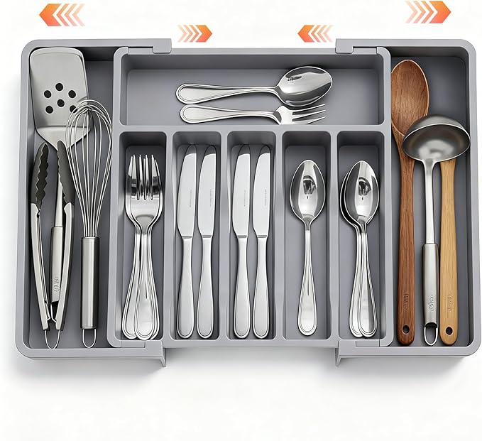 Large Expandable Silverware Organizer for Drawer, Utensil Drawer Organizer Holder with 2 Removable Blocks, Adjustable Cutlery Tray Flatware Storage Box for Spoons Forks Knives Tools, 6-8 Slots, Gray