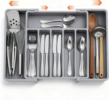 Large Expandable Silverware Organizer for Drawer, Utensil Drawer Organizer Holder with 2 Removable Blocks, Adjustable Cutlery Tray Flatware Storage Box for Spoons Forks Knives Tools, 6-8 Slots, Gray